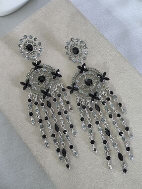 Dramatic Black & Silver Rhinestone Chandelier Tassel Statement Earrings